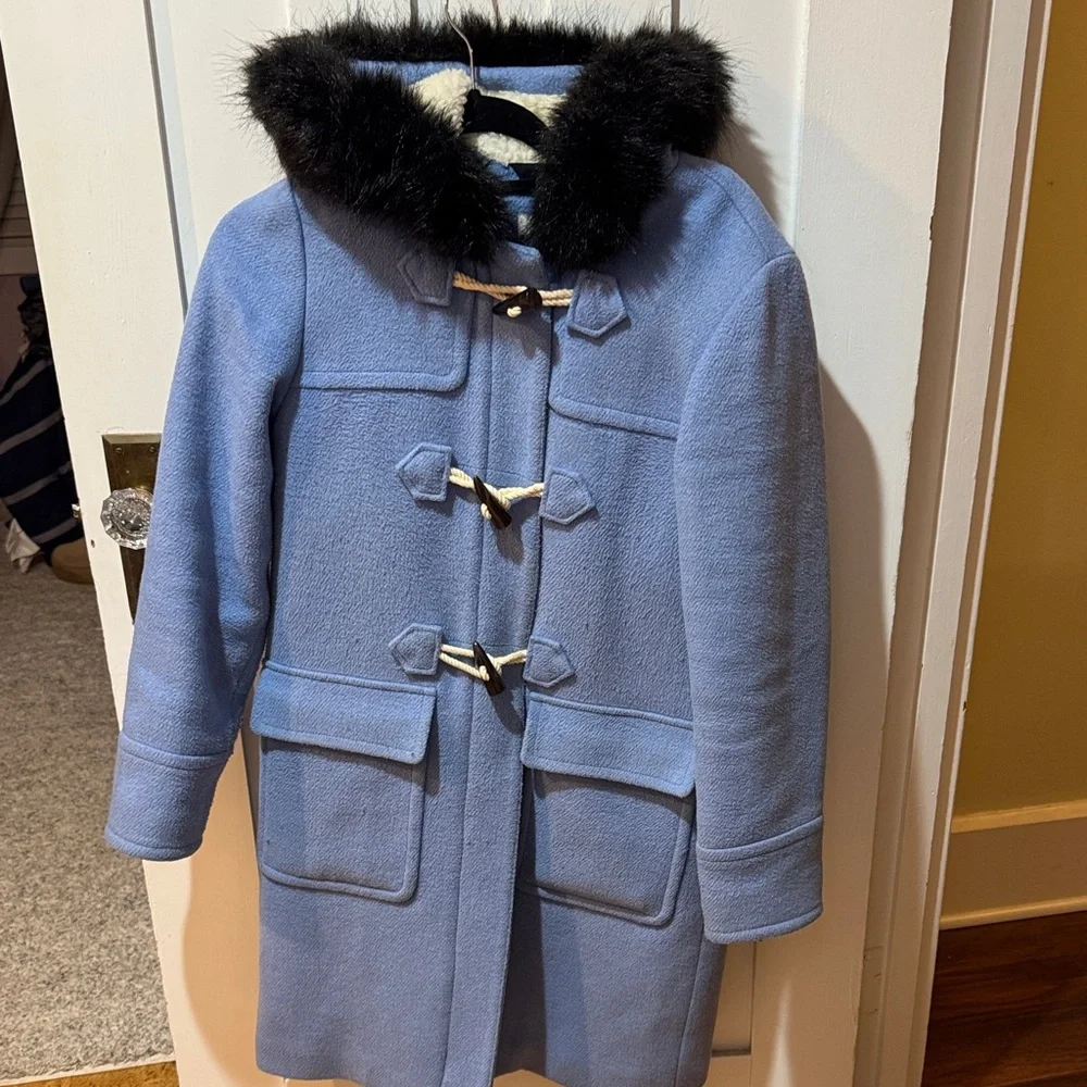 Boden Women's Blue Toggle Coat with Black Fur Trim - Picture 1 of 7